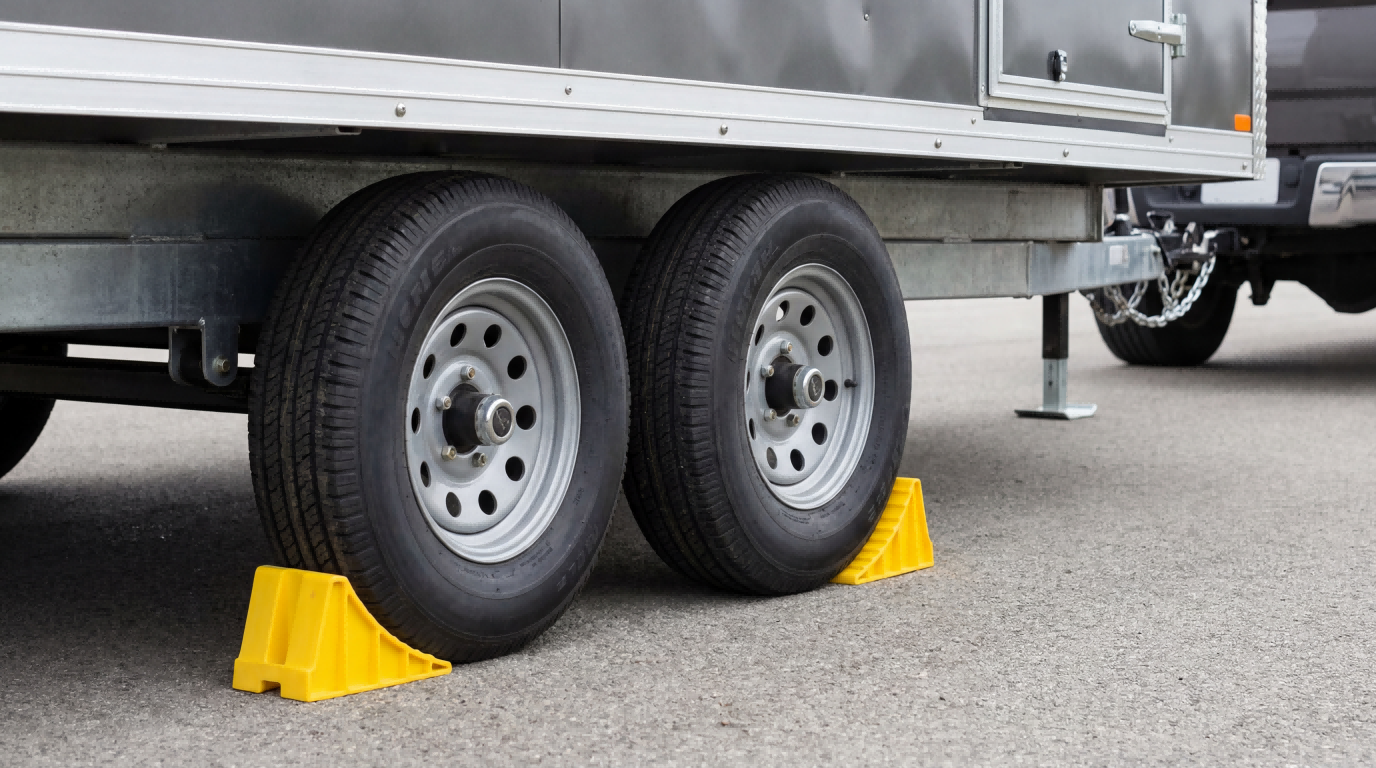Wheel chocks placed on a dual-axle trailer to prevent unwanted movement before jacking